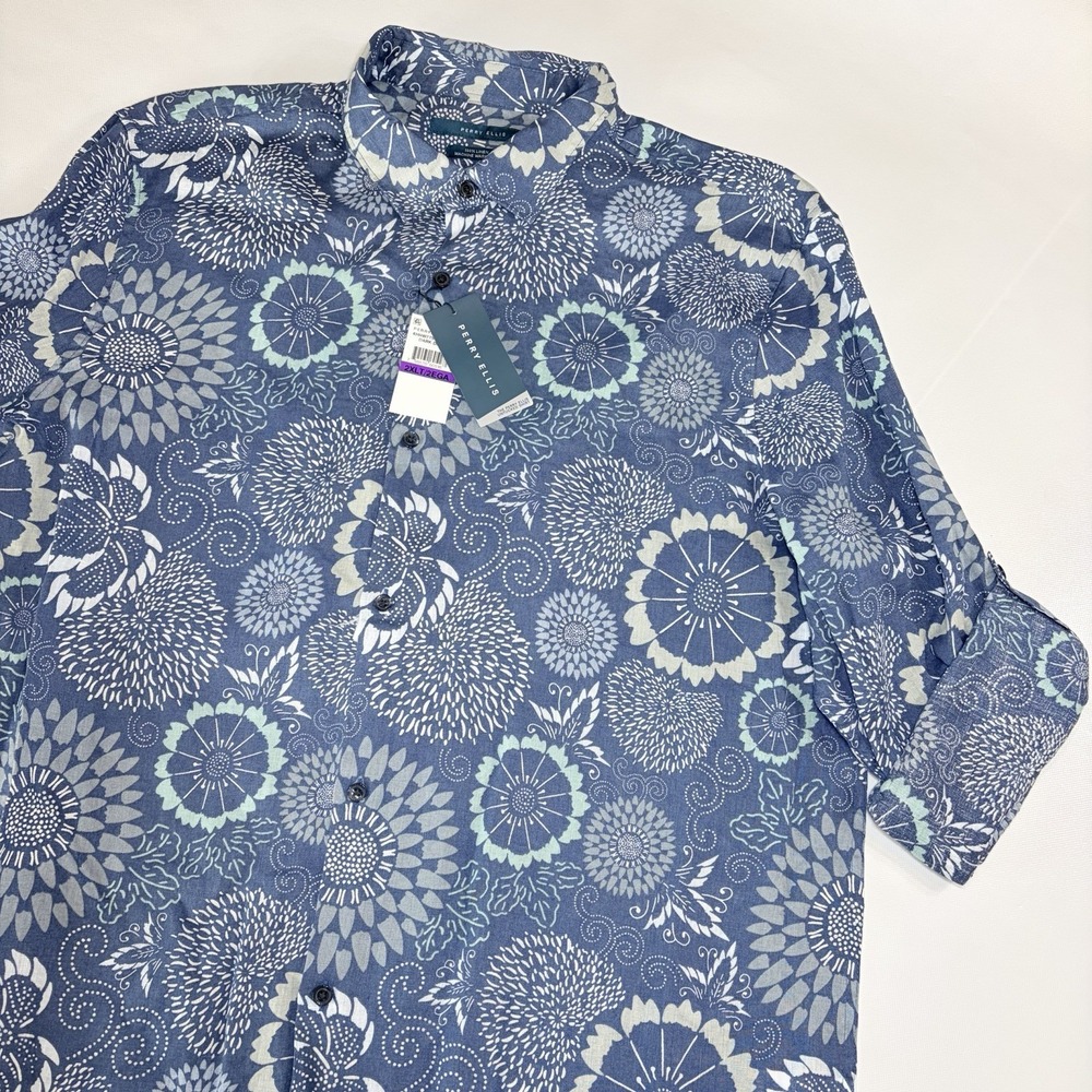 Perry Ellis 100% Linen Shirt 2XLT Blue Floral Untucked Button Front NWT Tall
